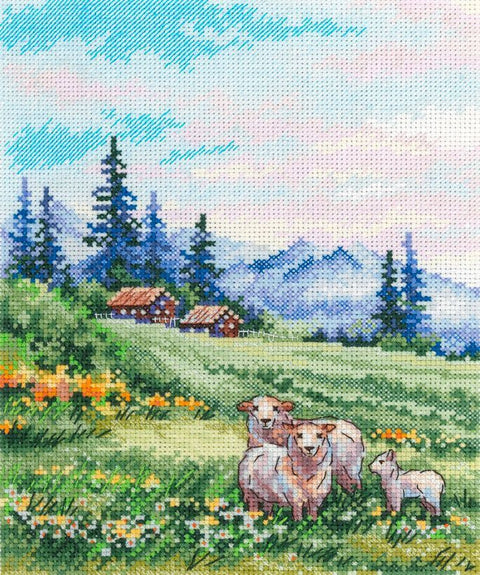 Kryželių siuvinėjimo rinkinys „Alpinės pievos“ kalnų peizažas, 20x16 cm (SNV-935)