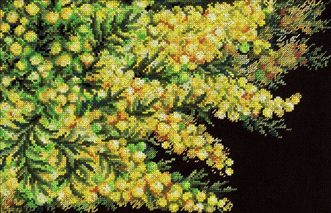 Kryželiu siuvinėjimo rinkinys „Pavasario mimoza“, 18×27 cm – geltonų mimozų motyvas