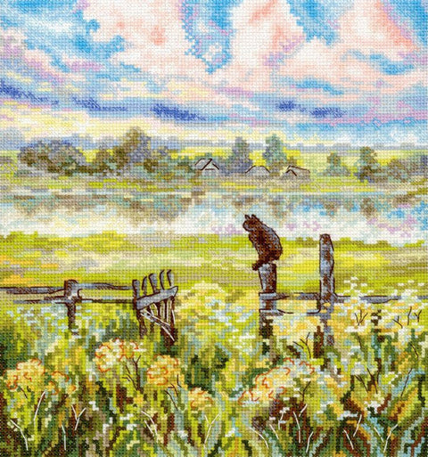 Kryželiu siuvinėjimo rinkinys „Vasariška pastoralė“ vasaros peizažas 22x20 cm
