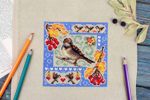 Siuvinėjimas kryželiu: rinkinys „Rudens kompozicija – Mini sampler“, 13×13 cm