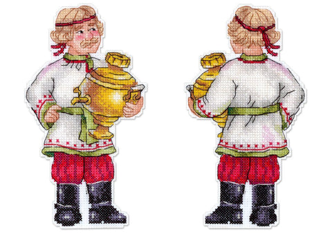 Velykinis kryželių siuvinėjimo rinkinys „Šventinis samovaras“ ant plastikinės kanvos, 17 x 9 cm