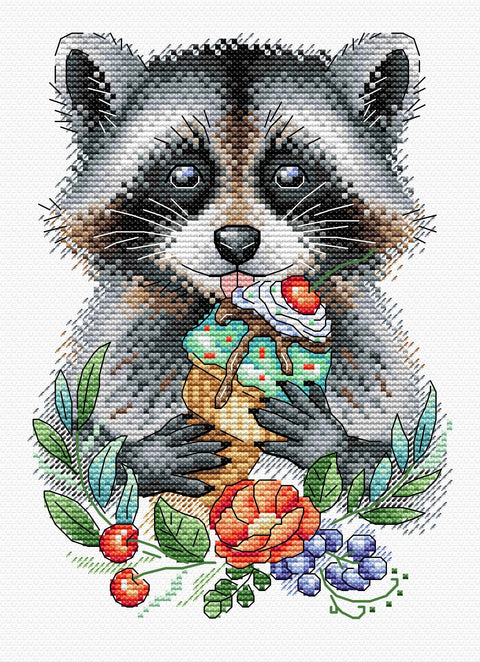 „Žaismingas smaližius“ kryželių siuvinėjimo rinkinys su vandeniu tirpstančia kanva, 20×14 cm, 26 spalvos