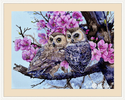 Siuvinėjimui kryželiu „Dvi pelėdos žydinčiame sode“, 38×29 cm - kaSiulai.lt