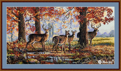 Siuvinys kryželiu „Po ąžuolais“, Aida 16 (cappuccino), 33 DMC spalvos, 30×57 cm - kaSiulai.lt
