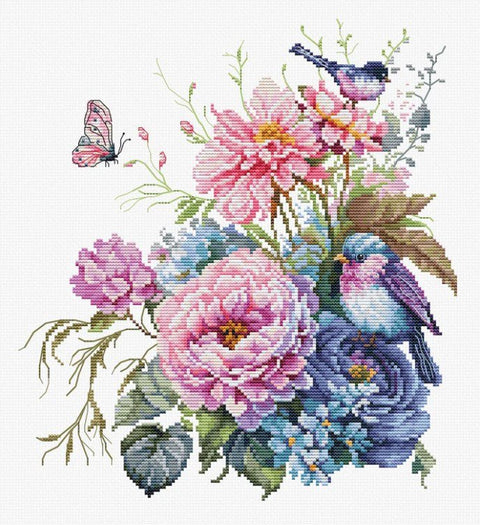 Skaičiuotas siuvinėjimo komplektas kryželiu „Paukščiai – vasara“ 23×25 cm - kaSiulai.lt