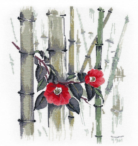 Skaičiuoto siuvinėjimo komplektas „Kamelijos bambukų giraitėje“, Aida 16 ct, 30×27 cm - kaSiulai.lt