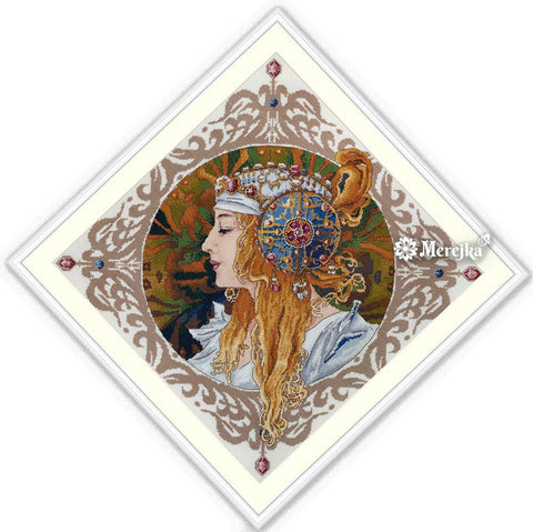 Skaičiuoto siuvinėjimo komplektas Mucha „Blond“, Aida 16, DMC, 34,5×34,5 cm - kaSiulai.lt