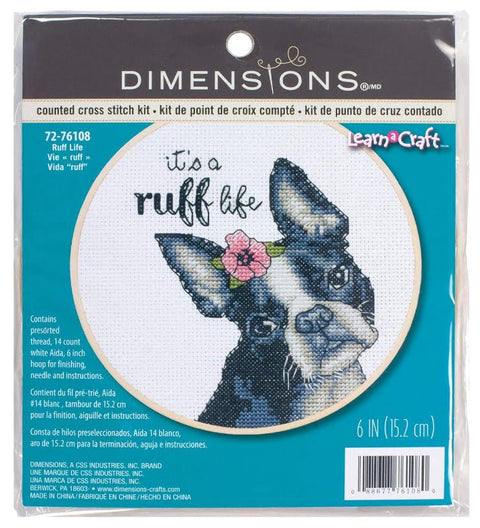 Skaičiuoto siuvinėjimo komplektas su bambukiniu lankeliu „Ruff Life“ – šuniukas - kaSiulai.lt