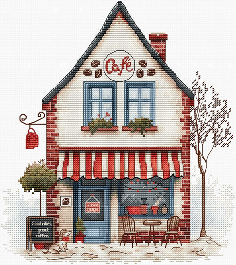 Skaičiuotu kryželiu siuvinėjimo komplektas „Welcome to Coffee“, 18×20 cm - kaSiulai.lt