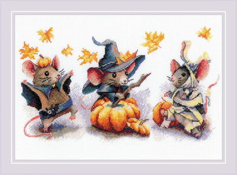 RIOLIS siuvinėjimo rinkinys „Spooky Mouse Trio“ Nr. 2241 — 30×21 cm, 21 spalva