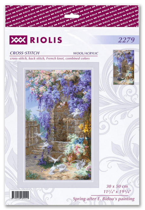 Pavasaris pagal E. Bidou paveikslą — siuvinėjimo rinkinys RIOLIS Nr. 2279 (30×50 cm, 34 spalvos)