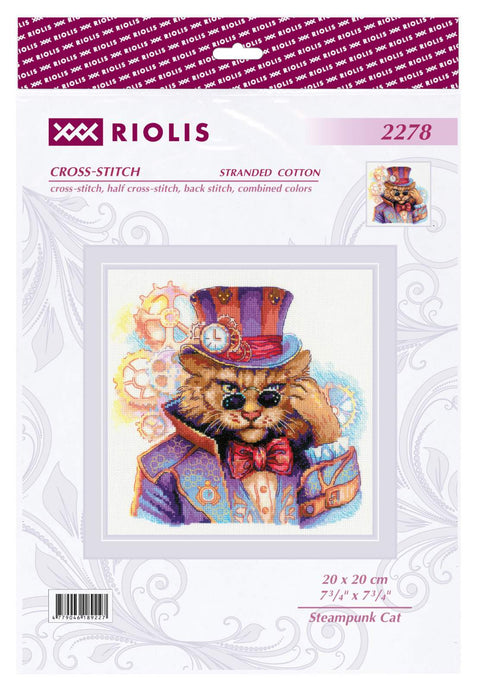 RIOLIS 2278 Steampunk katė – siuvinėjimo rinkinys, 20×20 cm, 18 ct Aida