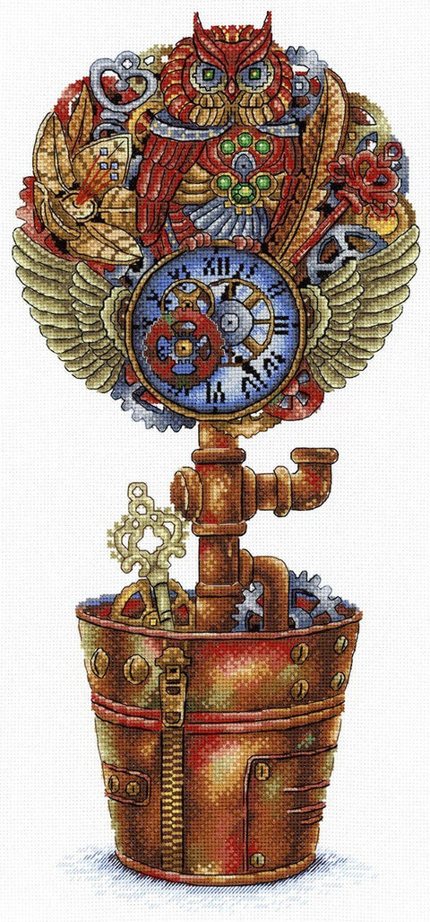 Stilingas steampunk topiarijos siuvinėjimo rinkinys — Aida 18, 28 spalvų, 36×18 cm - kaSiulai.lt