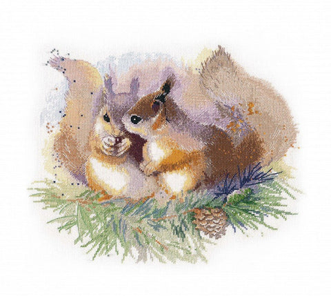 Voverės — siuvinėjimo komplektas 30×25 cm, 16 ct, spalvota schema - kaSiulai.lt