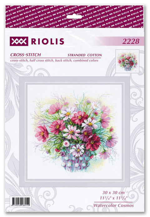 RIOLIS siuvinėjimo rinkinys "Watercolor Cosmos" — akvarelinis kosmoso motyvas 30×30 cm, 18 spalvų