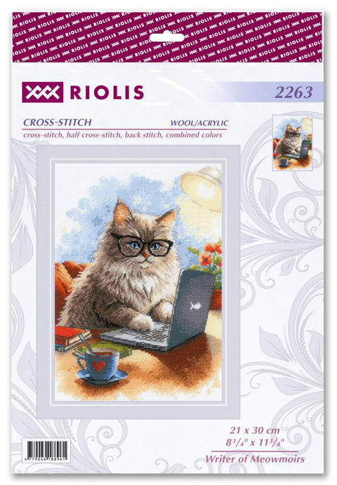 RIOLIS siuvinėjimo rinkinys "Writer of Meowmoirs" Nr. 2263 — 21×30 cm, 30 spalvų, Aida 14ct