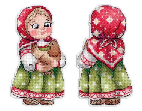 Žavingas mini siuvinėjimo komplektas „Mergaitė su višta“, 12×7 cm - kaSiulai.lt